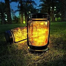 Hanging Mason Jar Solar Lanterns Outdoor Waterproof(Included Stake)2 Pack 30 Led Solar Glass Jar Lights Table Lamps-Retro Design Decorative Fairy Lantern for Party Patio Garden Path Trees