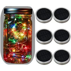 6-Pack Wide Mouth Solar-Powered Mason Jar Lights Waterproof(Jar & Handle Not Included),20 Bulbs 5 Colors Flashing Jar Hanging Light,Solar Fairy Firefly Lights Lids Insert Fit for Wide Mouth Jars