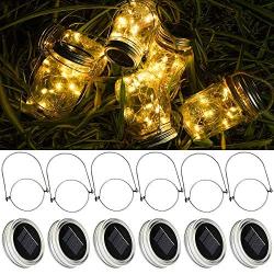 Solar Mason Jar Lid Lights [Updated], 6 Pack 15 LED Waterproof Fairy Firefly Jar String Lights with Hangers (NO Jars), Patio Yard Garden Wedding Easter Decoration - Warm White