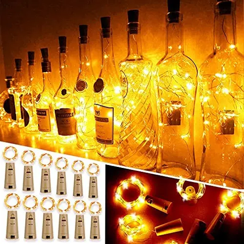 Aipatal Wine Bottle Lights with Cork, 12 Pack 20 LED Fairy Lights on Silver Wire Wine Bottle Cork Lights, LR44 Battery Operated Lights, Wine Bottle Decoration for Wedding Party Bar Decor (Yellow)