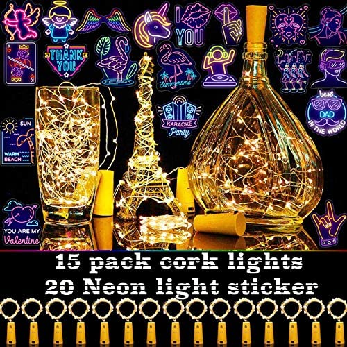 Cooo 15 Lamp Sets Wine Bottle Lights with Cork 20Led, LED Fairy Lights Battery Energized, DIY Gifts for Room Party Christmas Halloween Wedding Birthday Dinner Bar Decor -Warm White(+20 Party Decal)