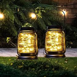 Outdoor Solar Garden Stake Lights-2 Pack Mason Jar Glass Hanging Lantern Lights Decorative Lights for Path,Patio,Porch,Pathway,Yard,Lawn,Decoration