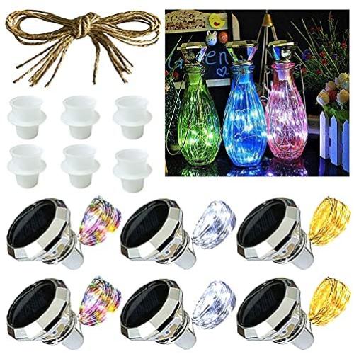 Solar Wine Bottle Lights，Diamond Wine Cork Lights 6 Pack 20LED Solar Powered Decorations Indoor/Outdoor Garden Mini String Lights for DIY/Decor/Party/Wedding/Christmas/Halloween-Mixed packaging